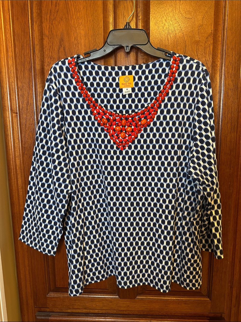Ruby Rd. Navy & White Geometric Tunic with Red Beaded Neckline